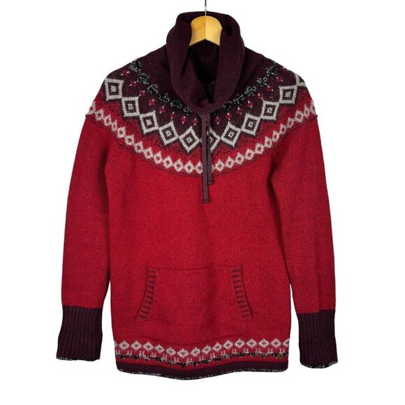 Eddie Bauer Women Fair Isle Knit Sweater Sz S Cotton  Wool Red Burgundy Cowlneck - Picture 1 of 7
